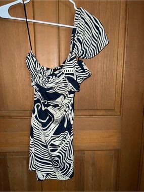 The Limited Navy and White One-Shoulder Patterned Dress